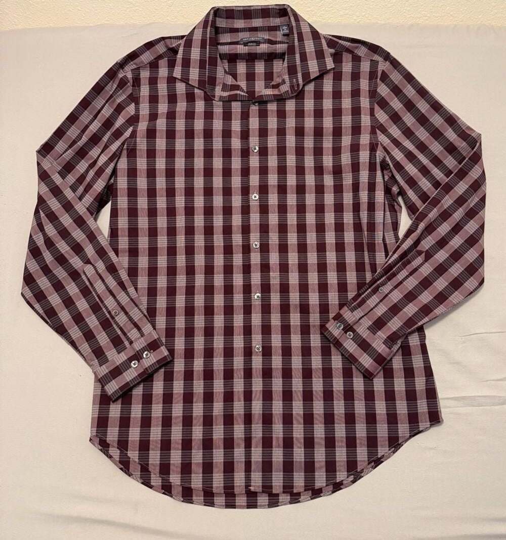 Van Heusen Flex Slim Fit Stretch Plaid Dress Shirt Burgundy Size 17 34/35 XL